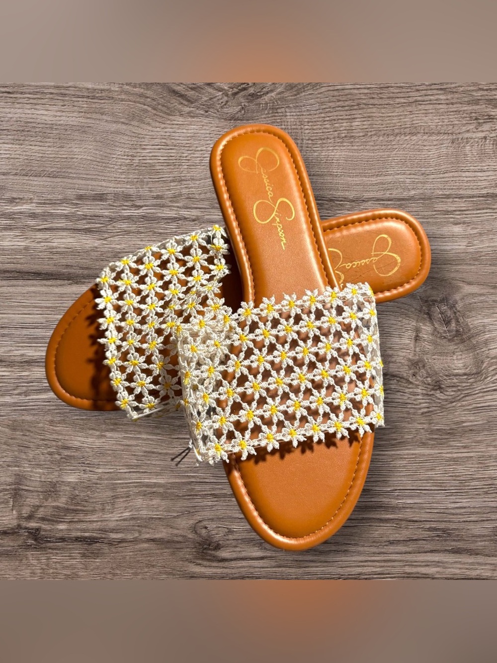 Jessica Simpson Cream Crochet Daisy Slide Sandals with Tan Footbed